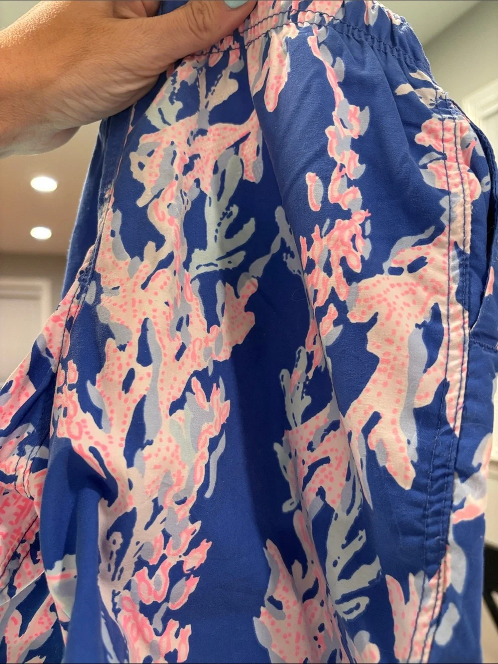Lilly Pulitzer Blue Swim Trunks with Pink Coral Motif